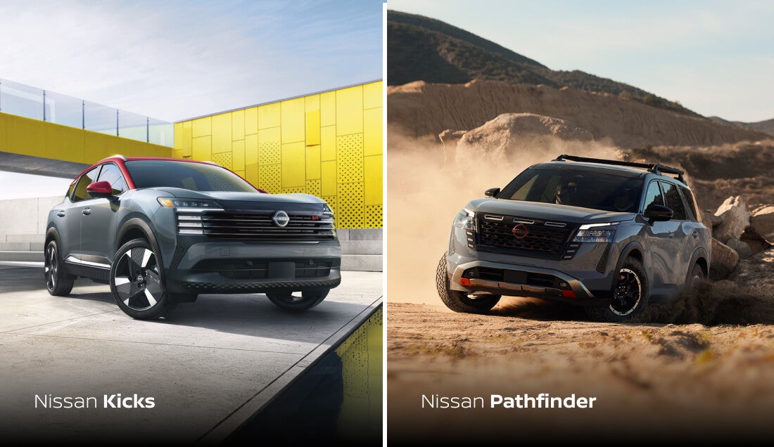 Split view of Nissan Kicks by a yellow building and Pathfinder in the dirt.