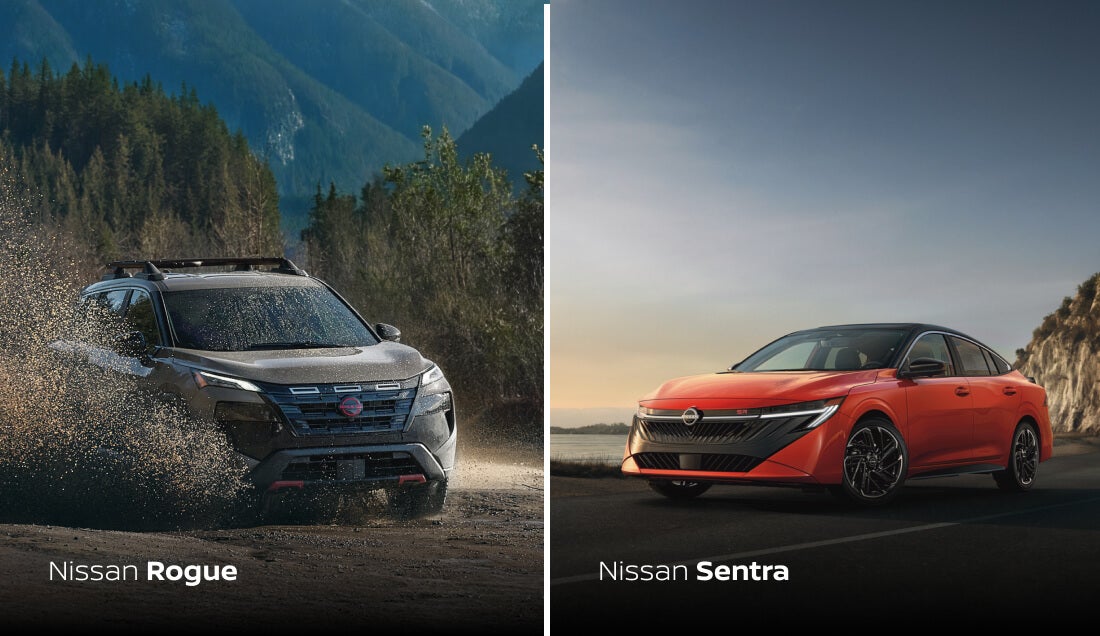 Split view of Nissan Rogue splashing mud and Sentra driving on a coastal road.